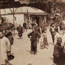 Guangzhou China Main Street Stereoview c1900 Chinese Market Shops Asia Card D558 picture