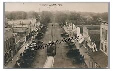RPPC Added Trolley Main Street CLINTON WI 1912 Wisconsin Real Photo Postcard picture
