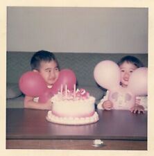 Vintage Photo Cute LIttle Boy & Girl Mickey Mouse Balloons Pink Birthday Cake picture