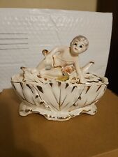 Vintage Royal Sealy Japan Covered Dish With Cherub White & Gold Trinket Box 1950 picture