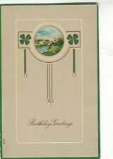 ARTS AND CRAFTS STYLE BIRTHDAY POSTCARD~FOUR LEAF CLOVERS~1909 picture