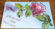 Antique Rose Greetings Postcard Embossed Souvenir from Meredith in Glitter 1909 picture