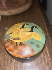 Vintage Black Lacquer Box Round Trinket Jewelry Box Ducks Hand Painted picture