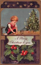 1909 A Merry Christmas To You Girl Tree Pony Holly Berries Postcard picture