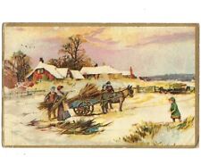 c1929 Christmas Farm Snow Winter Family Horse Art Postcard picture