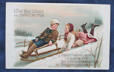 ca1910 Christmas Greeting Postcard Victorian Children Sled Winter Sports picture