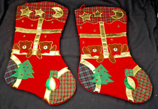 2 Vintage Matching World Bazaar Felt Applique Teddy Bear Christmas Stockings 16