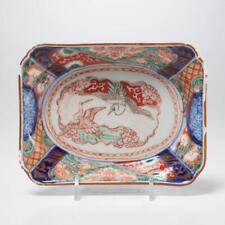 Antique Japanese Imari Celadon Blue Red Crane Rectangular Footed Dish Bowl 6.25