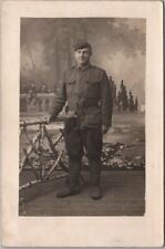 1910s Military Photo RPPC Postcard Young Soldier in Uniform /Studio Portrait picture