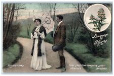 Language Of Flowers Postcard Couple Romance Mignonette c1910's Posted Antique picture