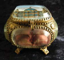 OLD ANTIQUE VINTAGE METAL COPPER BRONZE JEWELRY BOX RESISTED CUT GLASS VATICAN picture