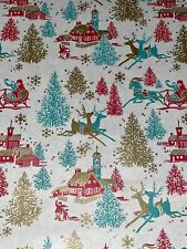 VTG CHRISTMAS WRAPPING PAPER GIFT WRAP REINDEER SLEIGH TREE TEAL RED GOLD picture