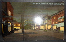 Vtg. (1914) Postcard-- Main Street At Night in MENASHA, WISCONSIN, Posted picture