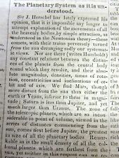 1849 newspaper Explanation of THE SOLAR SYSTEM as KNOWN 175 years ago ASTRONOMY picture
