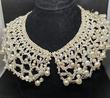 Antique Victorian Crochet Glass Pearl Necklace Collar 1800 1900 Gold Satin picture