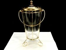 Hazel Atlas Glass Ice Bucket, Footed Brass Frame, Lid & Handle, Vintage Barware picture