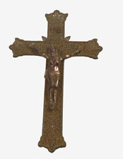 Vintage Cross Crucifix Filigree IHS  with Antique Gold Tone Finish Decor, 9 Inch picture