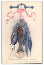 c1910's Catches Fishes Ribbon Airbrushed Embossed Unposted Antique Postcard picture