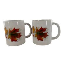 Vintage Set MCM Mid Century Modern Autumn Leaves Stoneware Coffee Mugs Large XL picture