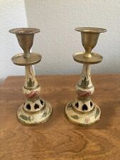 SET of 2 CLOISONNE FLORAL HEARTS BRASS CANDLE STICKS HOLDERS VINTAGE INDIA picture