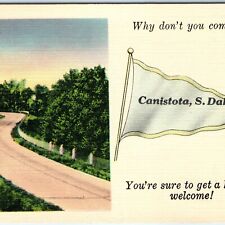 c1930s Canistota, S. Dak. Come Visit Why Not? Welcome Linen Postcard Pennant A69 picture
