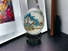 Vintage Beautiful Hand Painted Porcelain Egg on Wooden Stand China. picture