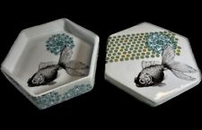 Anthropology Jewelry Trinket Keepsake Hexgonal Box Ceramic Fish Motif 4”x4” picture