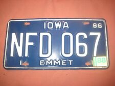 Vintage 1986 Iowa IA License Plate Emmet County Blue White picture