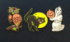*Halloween*Vintage Style Set Of 3 Wooden Ornaments: Owl, Ghost, Black Cat/Moon picture