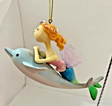 Christmas ornament Fun colorful mermaid riding a dolphin  5 1/4” x 3” picture