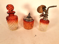 Antique Baccarat Amberina Bamboo Twisted Perfume, Atomizer and Dresser Jar picture