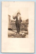 c1910's Postcard RPPC Photo Man Holding Flag Scene Field Unposted Antique picture