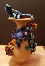 Vintage Mama Mono Huichol Mexican Beaded Iguanas Vase-COA-1997 picture