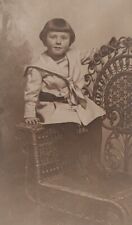 Dapper Dressed Child Great Haircut Sitting Wicker Chair Antique Photo Postcard  picture