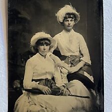 Antique Tintype Photograph Beautiful Affluent Young Women Gorgeous Hat Dress picture