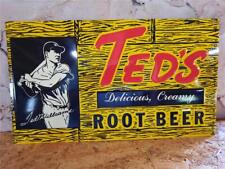 NOS TIN METAL EMBOSSED SIGN TED'S DELICIOUS CREAMY ROOT BEER WITH ORIGINAL PAPER picture