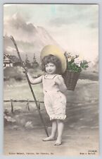 Postcard RPPC Studio Photo Girl In Hat & Basket Of Roses Flowers Antique Colored picture