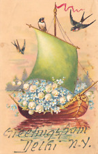 Greetings from Delhi  New York, Embossed, Ship, Flowers, Birds, 1908 Postcard picture