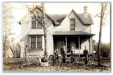 Bicycle Family Children Collie Dog Victorian House RPPC Photo Antique Postcard picture