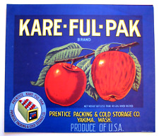 Original KARE-FUL-PAK apple crate label Yakima WA Prentice 40 lbsl blue picture