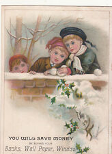 Books Wall Paper Window Shades Three Boys Stone Wall Snow Balls Vict Card c1880s picture