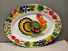 Vintage Enamel Ware Oval Metal Platter Colorful Turkey Veggies Hong Kong #E1363 picture
