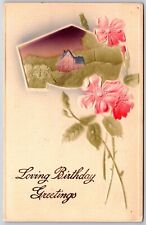 Loving Birthday Greetings, Pink Flowers, Embossed - Postcard picture