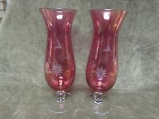 Vintage 1940's Clear w/Cranberry Stain Tiffin Glass Cut Floral Flower Vase Pair picture