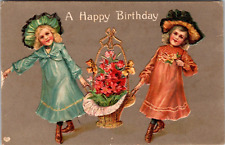 A Happy Birthday Embossed Postcard 1911 Little Girls with Basket German Card picture