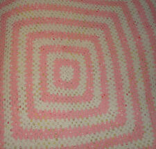 Vintage Crocheted Granny Square Throw Blanket Pink White 65” X 63”  picture