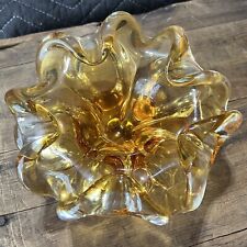 Vintage MCM 7” Murano Style Orange Amber Clear Art Glass Bowl Flower Candy Dish picture