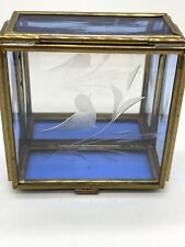 Vintage Etched Glass Top Trinket Box  Blue Side Glass Mirror Inside Etched Bird picture