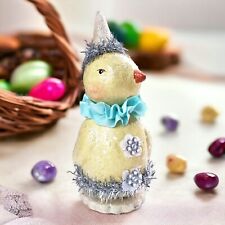 Paper Mache Sparkly Yellow Chick Blue Ruffle Collar & Rhinestone Buttons picture