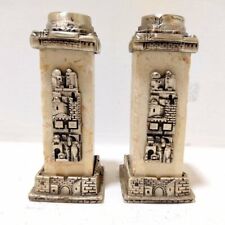 Judaica Pair Silver Plated On White Marble Vintage Candlesticks Jerusalem Carved picture